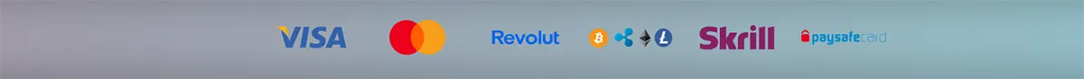 “Row of payment method logos on a light grey-to-blue gradient background: Visa, Mastercard, Revolut, Bitcoin, Ethereum, Litecoin, Skrill, and paysafecard.”