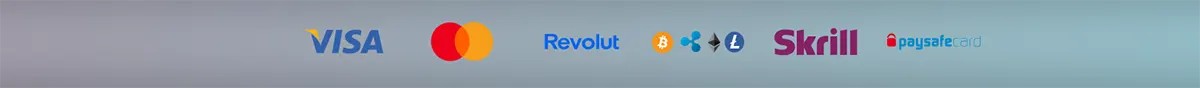 “Payment options banner showing Visa, Mastercard, Revolut, Bitcoin, Ethereum, Litecoin, Skrill, and paysafecard logos on a light gradient background.”