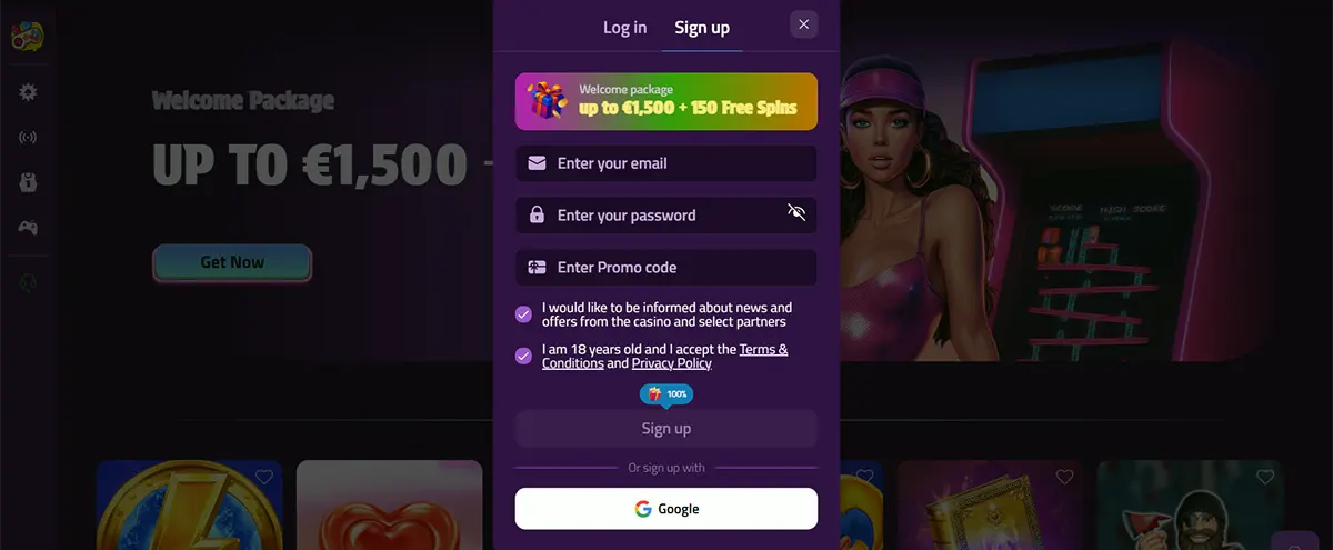 “Retro-themed casino sign-up popup with welcome package up to €1,500 + 150 free spins, email and password fields, promo code input, consent checkboxes, and Google sign-up button over a dark purple gaming interface.”