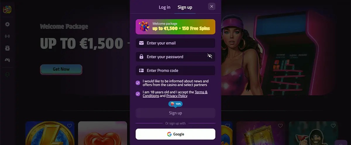 “Retro-themed casino sign-up popup with welcome package up to €1,500 + 150 free spins, email and password fields, promo code input, consent checkboxes, and Google sign-up button over a dark purple gaming interface.”